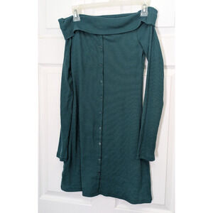 Long Sleeve Off Shoulder Dress Faux Button Down Green Size XS